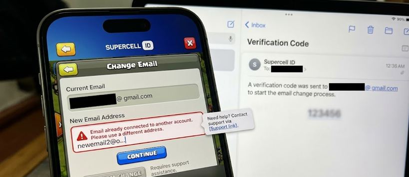 Supercell ID change email flow asking for a code from the current connected mailbox before allowing the email swap.