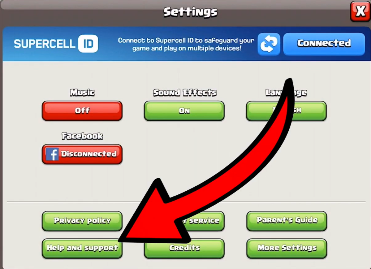 Supercell game Help and Support screen being used to contact support and request a Supercell ID email change.