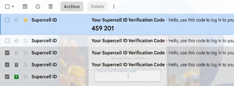 Several Supercell ID verification emails in a mailbox while the newest code is selected and older ones are ignored.