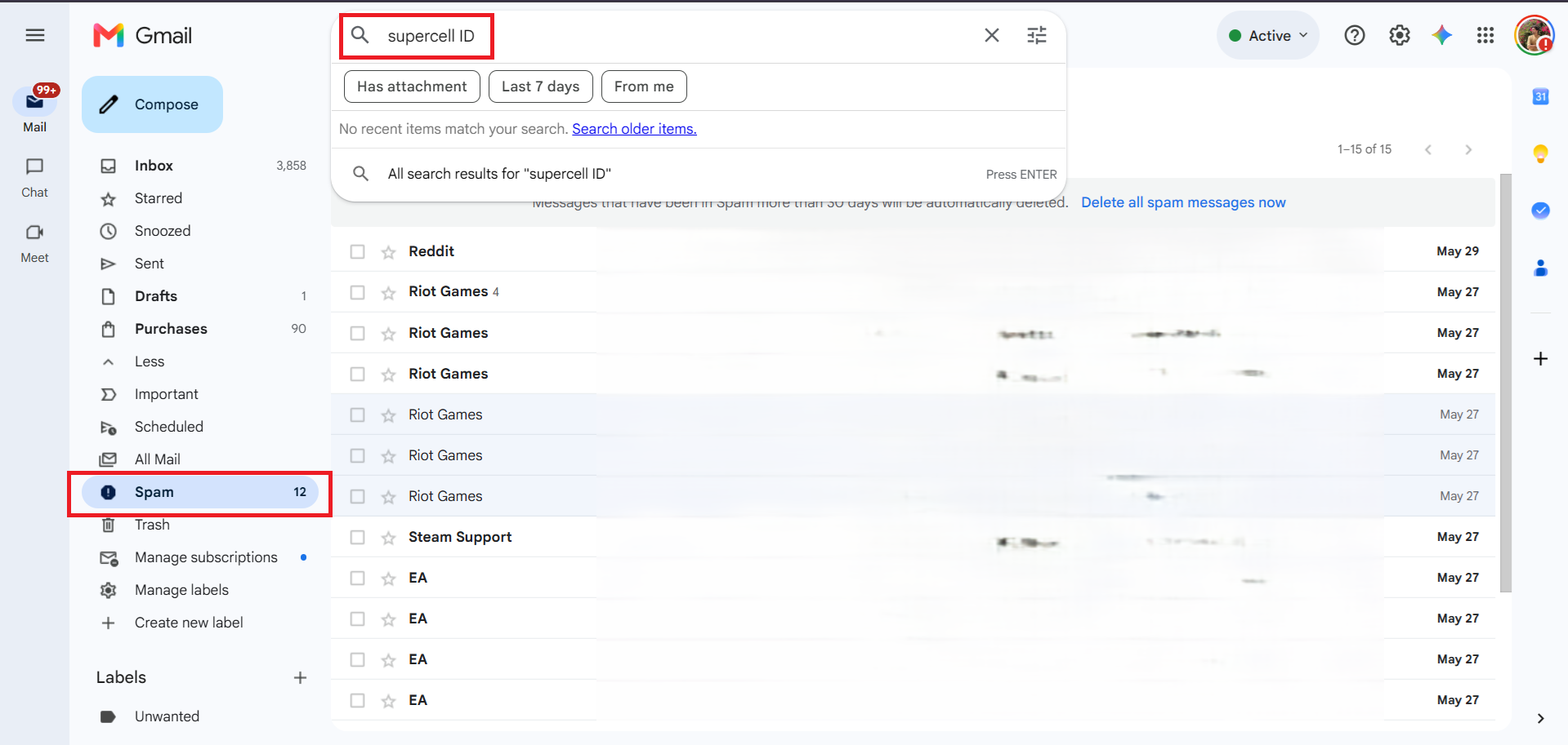 Email inbox searching for Supercell ID and checking Spam or Junk folders for the missing verification code.