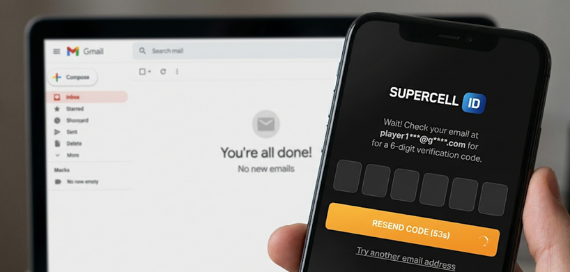 Supercell ID login screen waiting for a verification code email that never arrives.