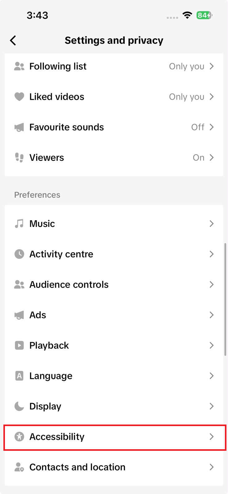 TikTok Settings and privacy open to the Accessibility page.