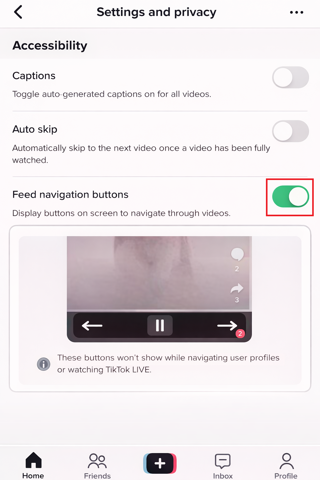 TikTok Accessibility settings showing Feed navigation buttons turned on.