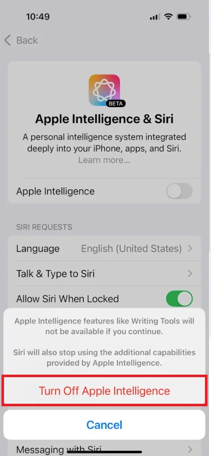 Apple Intelligence toggle being turned off in iPhone settings.