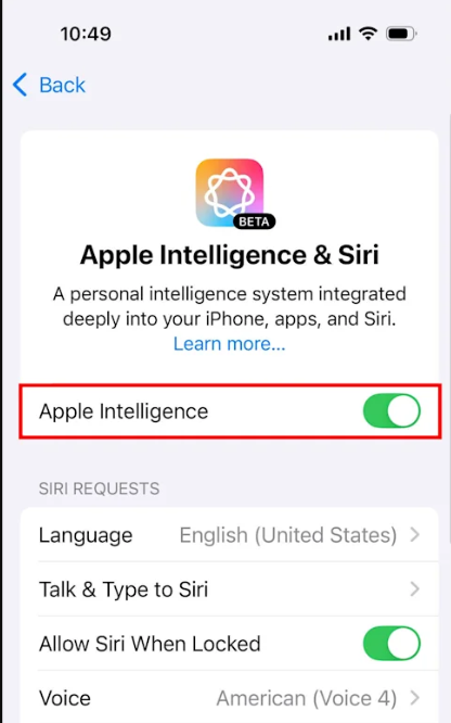 Apple Intelligence toggle being turned off and back on in iPhone settings to force a clean model redownload.