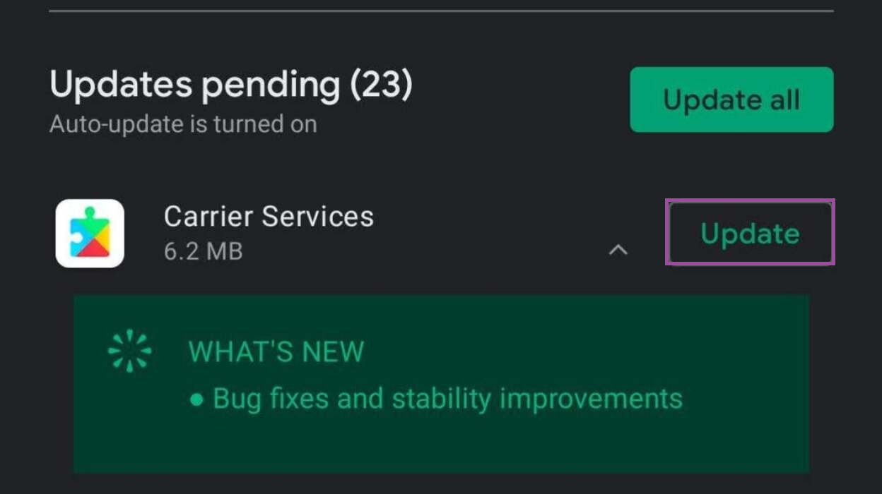 Play Store updates for Google Messages and Carrier Services while Google Play services is also being checked.