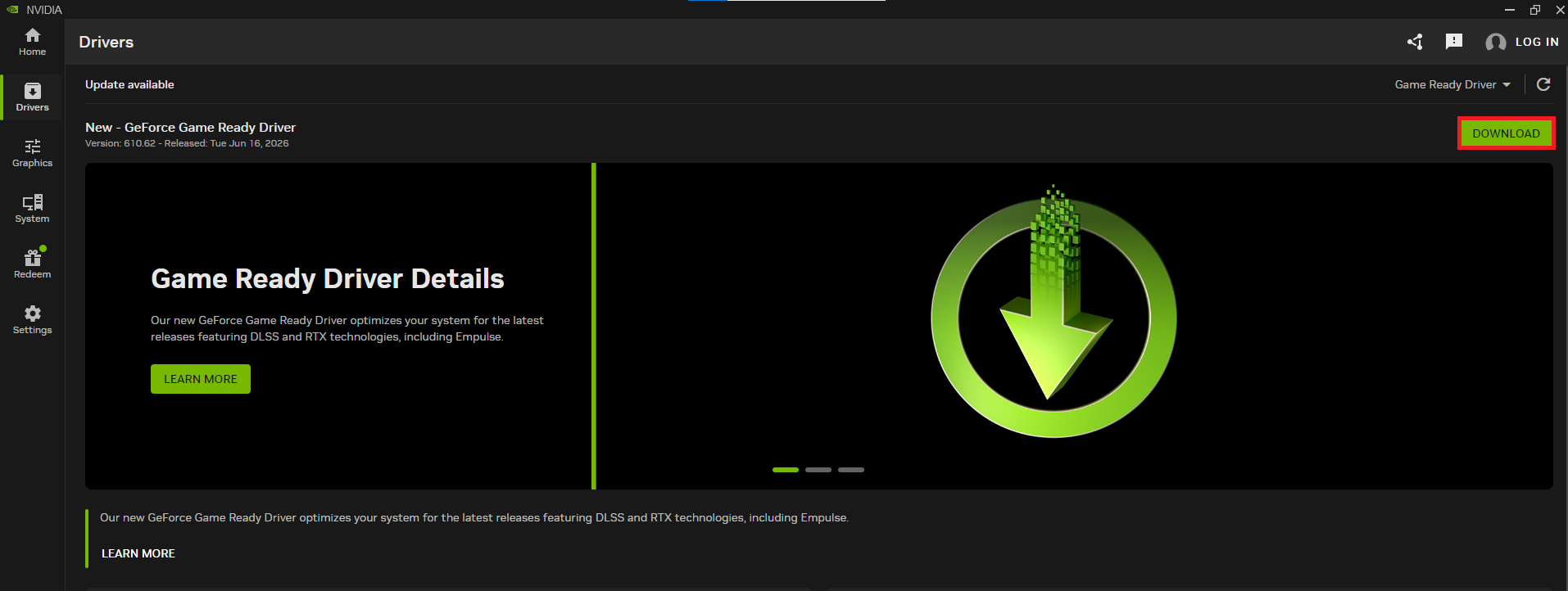NVIDIA app download page and Game Ready Driver page being used to update the capture stack.
