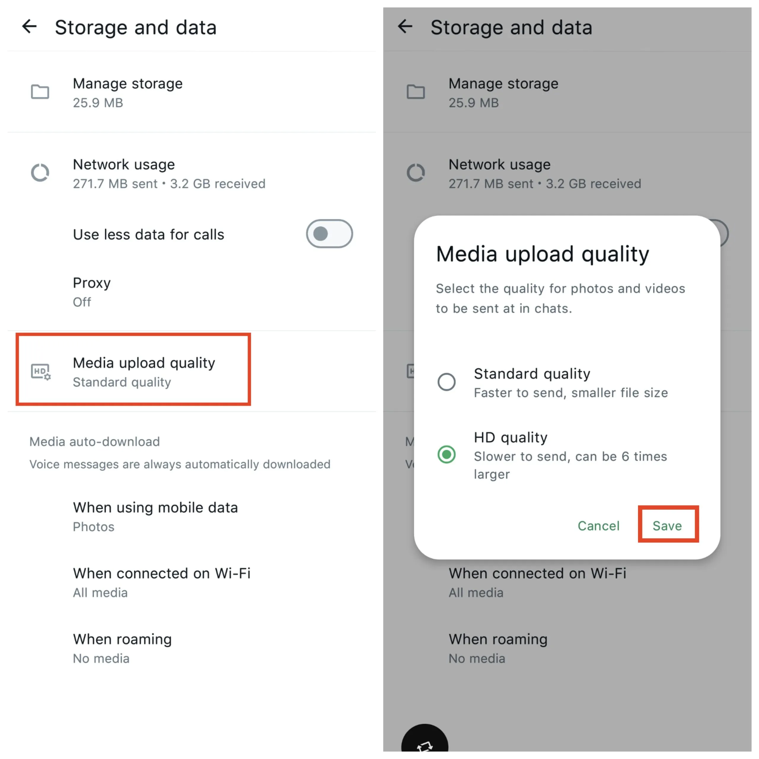 WhatsApp Storage and data settings showing Media upload quality set to HD quality.