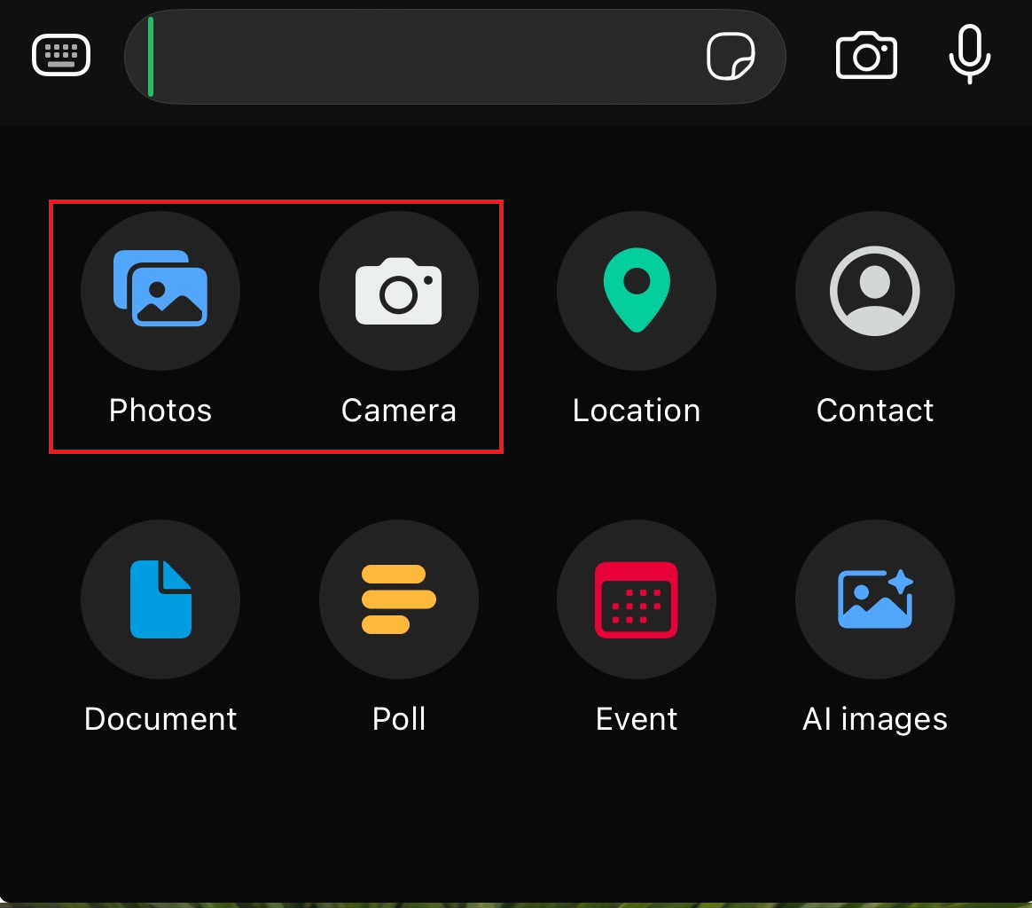 WhatsApp attachment menu choosing the normal photo or video path instead of the document path.