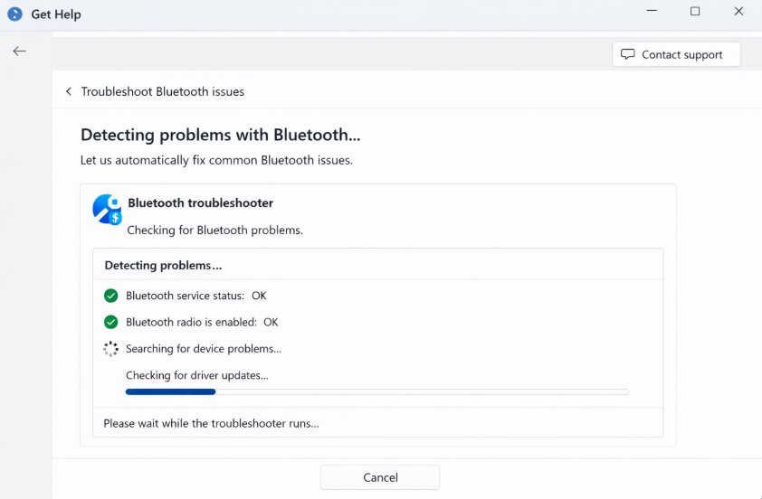 Windows Get Help app running the Bluetooth troubleshooter before reconnecting a controller for Forza Horizon 6.