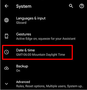 Android date and time settings showing automatic date and time controls for Netflix troubleshooting.