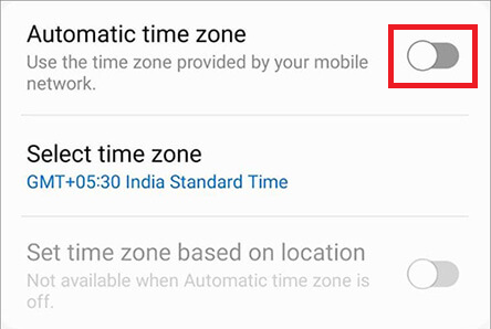 Android or Android TV settings showing automatic time zone turned on.