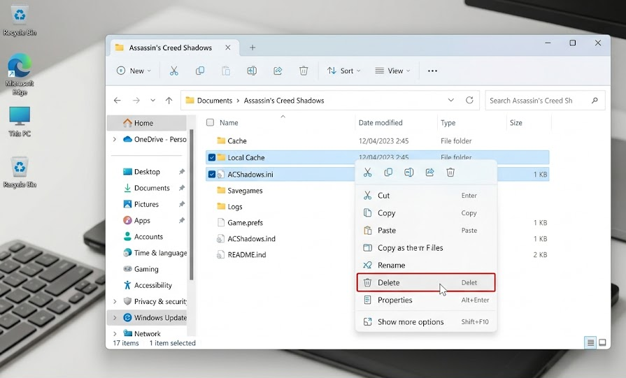 Windows Documents folder deleting ACShadows ini and the cache folder for Assassin's Creed Shadows.