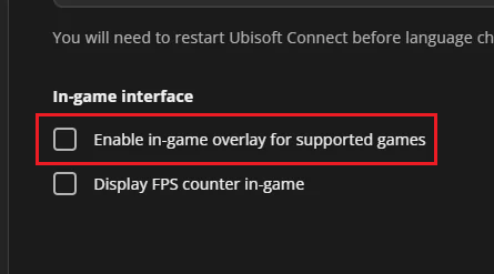Ubisoft Connect settings with the in game overlay being disabled before launching Assassin's Creed Shadows.