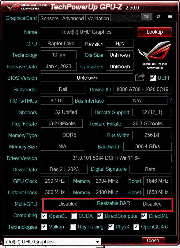 PC checking that Assassin's Creed Shadows is installed on an SSD and that ReBAR is enabled for Intel Arc.
