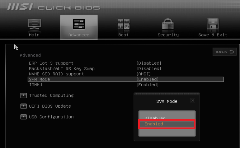 BIOS or UEFI settings enabling virtualization technology for LDPlayer on Windows.