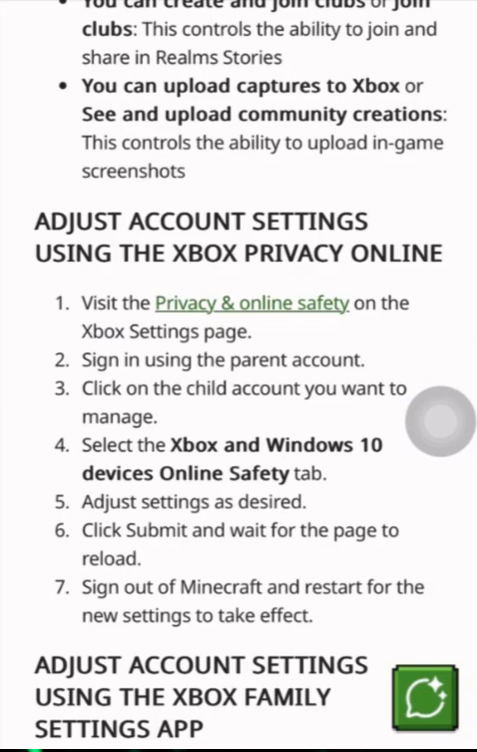 Xbox family privacy settings being adjusted so a child account can join Minecraft Bedrock multiplayer without Error Code Creeper.