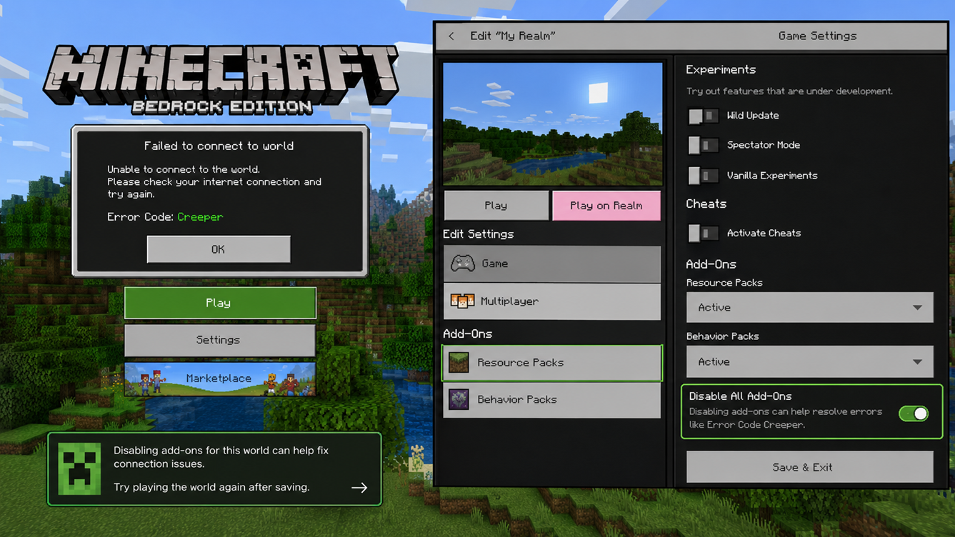 Minecraft Bedrock world settings disabling add-ons while fixing Error Code Creeper on one Realm or world.