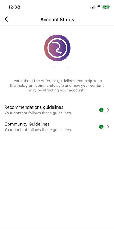 Instagram Account Status screen showing features you cannot use while the create post button is missing.