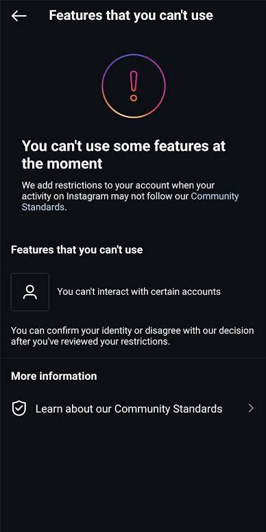 Instagram Account Status screen showing possible feature limits related to posting or creator tools.