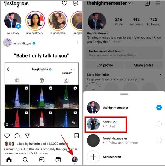 Two Instagram accounts on the same phone showing different create post button behavior.