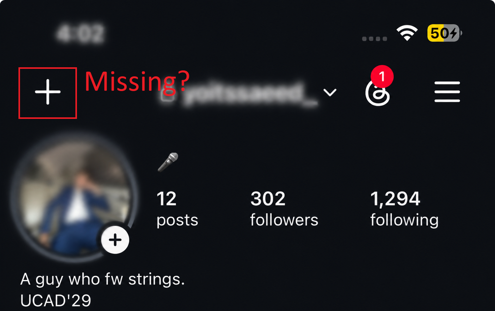 Instagram home and profile screens where the old create post plus button is missing.