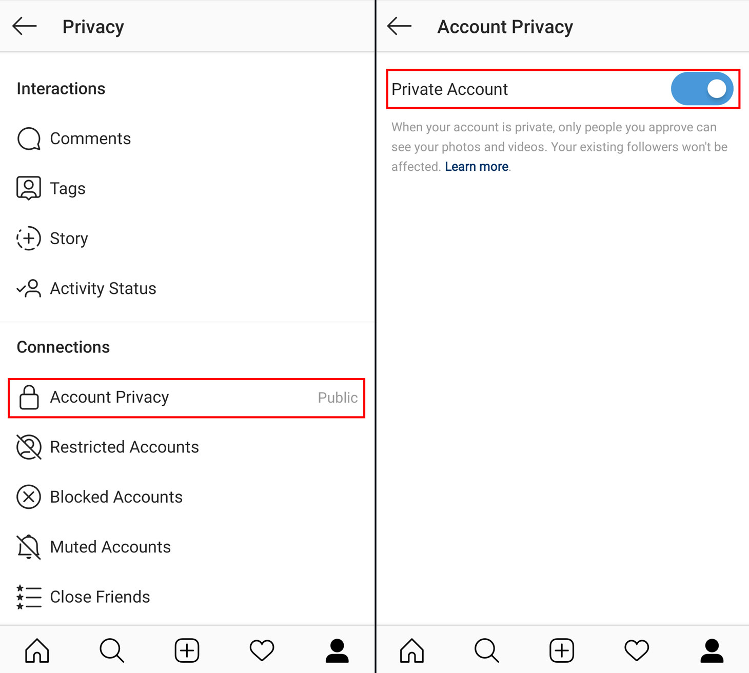 Instagram account privacy settings showing that the account must be public before testing Reel scheduling.