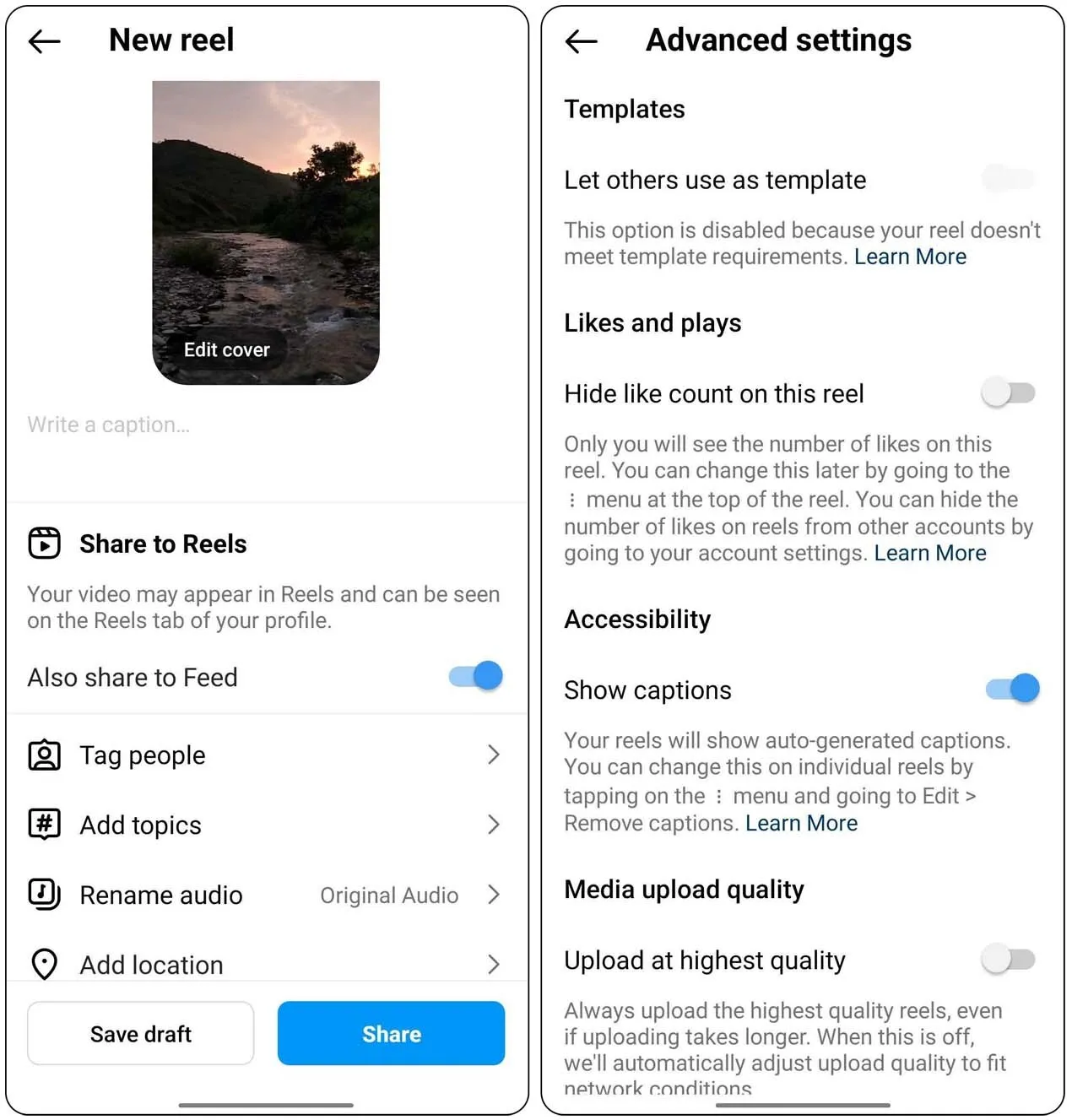 Instagram Reel final share screen with More options where the scheduling control should appear.