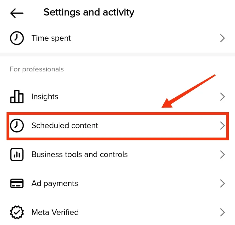 Instagram profile menu showing the Scheduled content area used to manage scheduled posts and Reels.