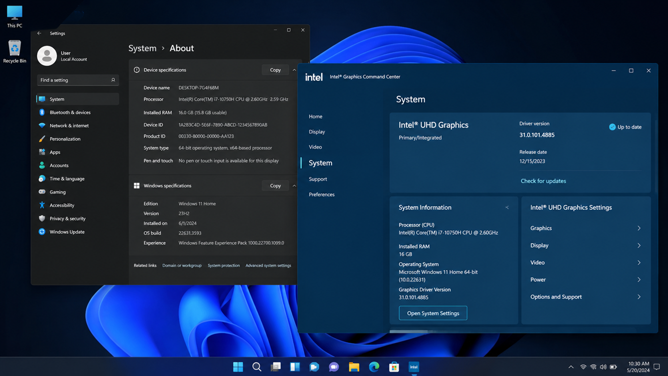 Windows system information and Intel graphics driver details being checked before fixing Intel Graphics Command Center.
