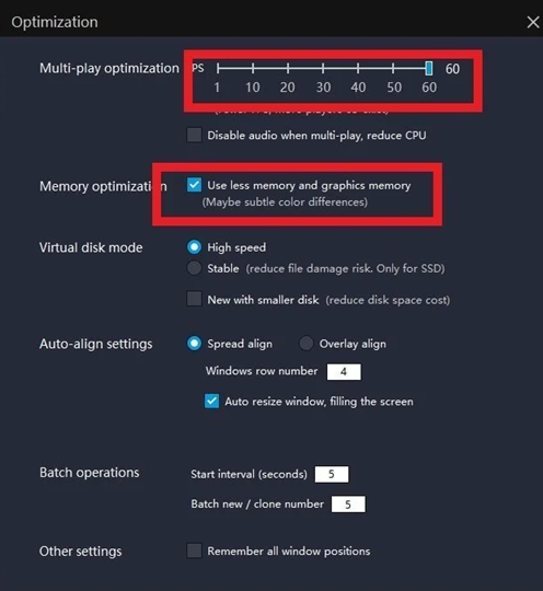 LDMultiplayer optimization settings showing lower FPS and memory optimization for multiple instances.