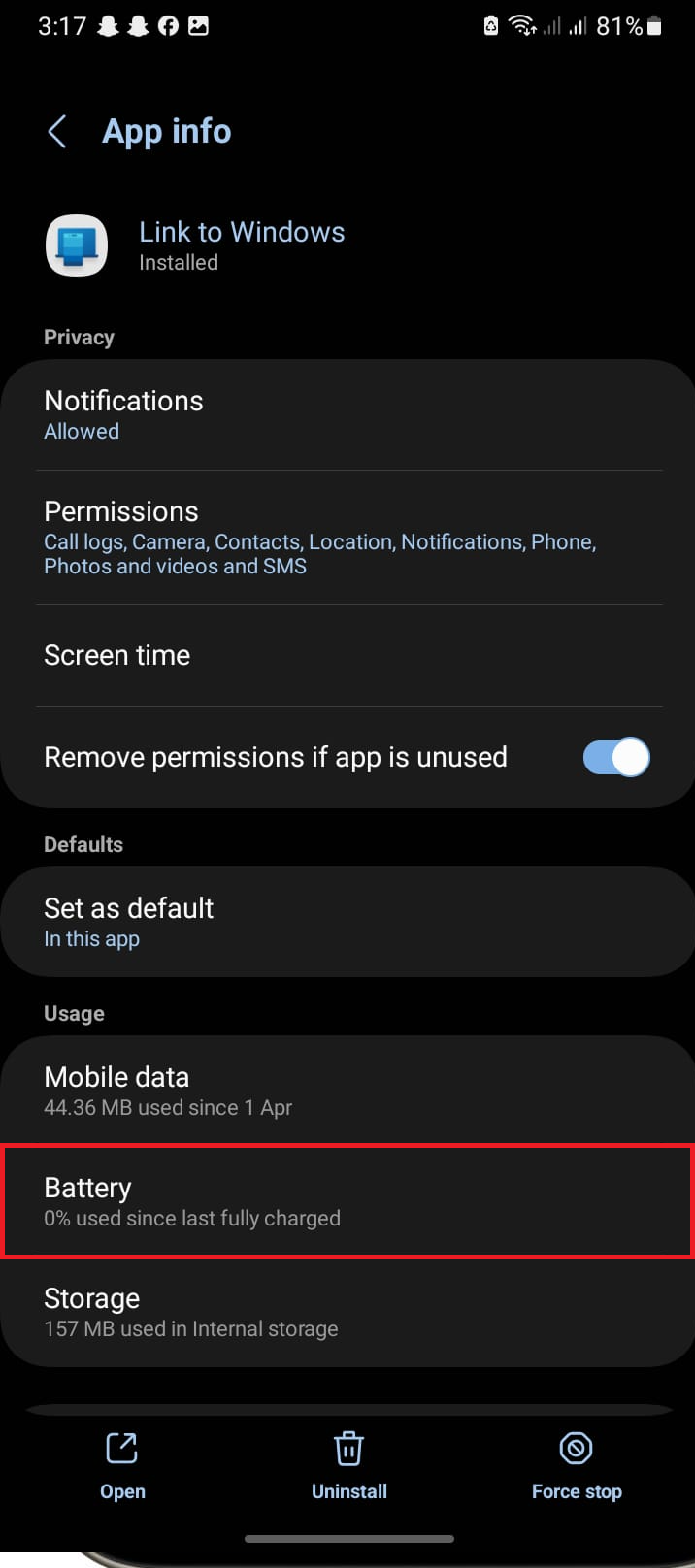 Android battery settings turning off battery optimization for the Link to Windows app.