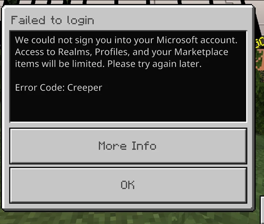 Minecraft Bedrock showing Error Code Creeper while multiplayer, account, and network settings are being checked.