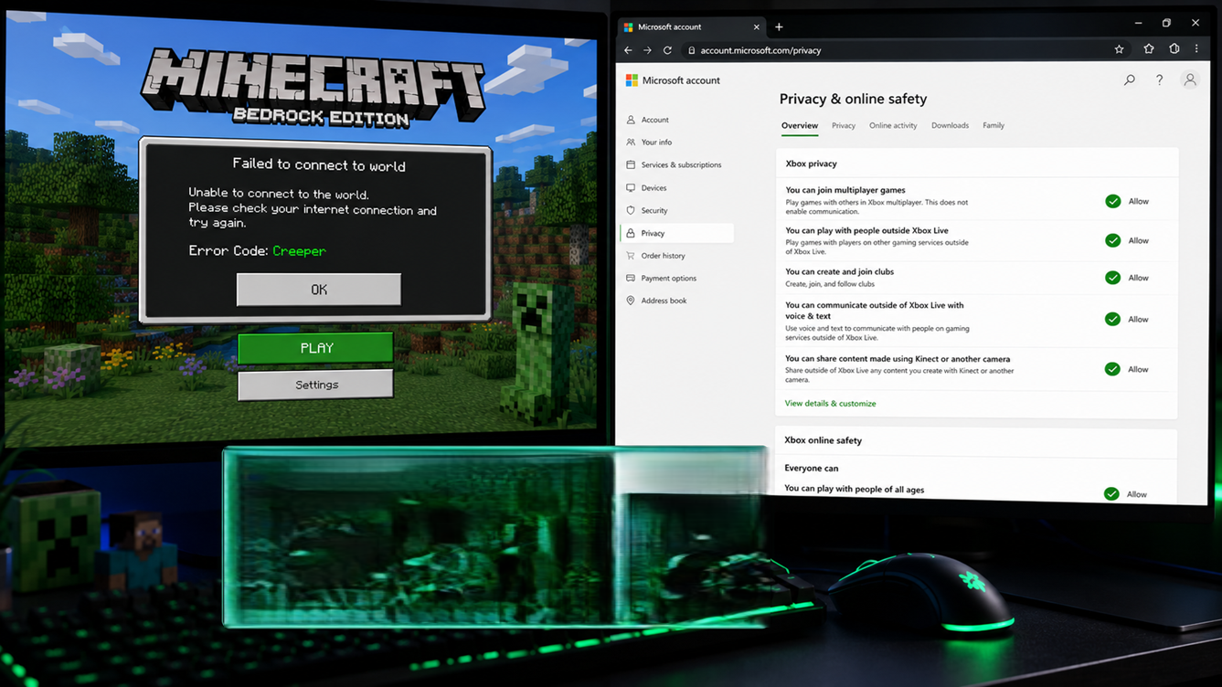 Microsoft or console account settings being checked for multiplayer permissions while Minecraft shows Error Code Creeper.