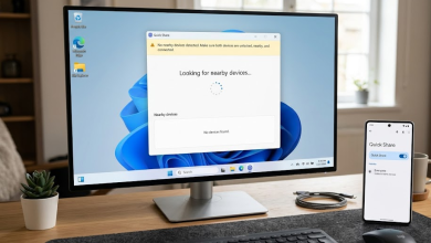 Quick Share on Windows failing to find or receive a nearby Android device.