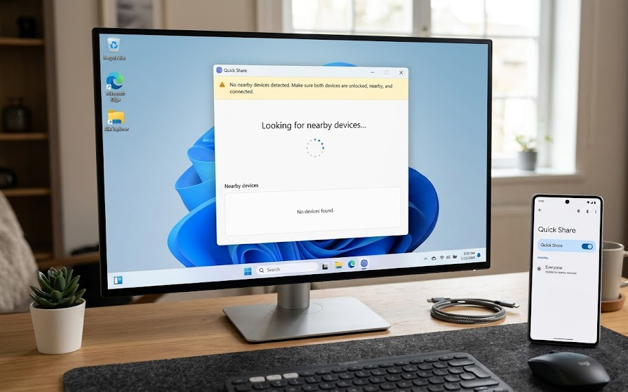 Quick Share on Windows failing to find or receive a nearby Android device.
