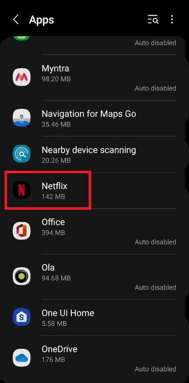 Android Netflix app info screen opening Storage and cache settings.
