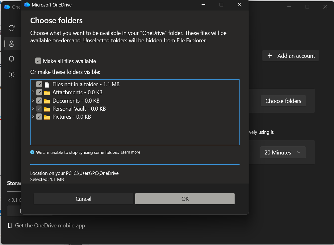 OneDrive Account settings on Windows showing the Choose folders dialog for local sync selection.