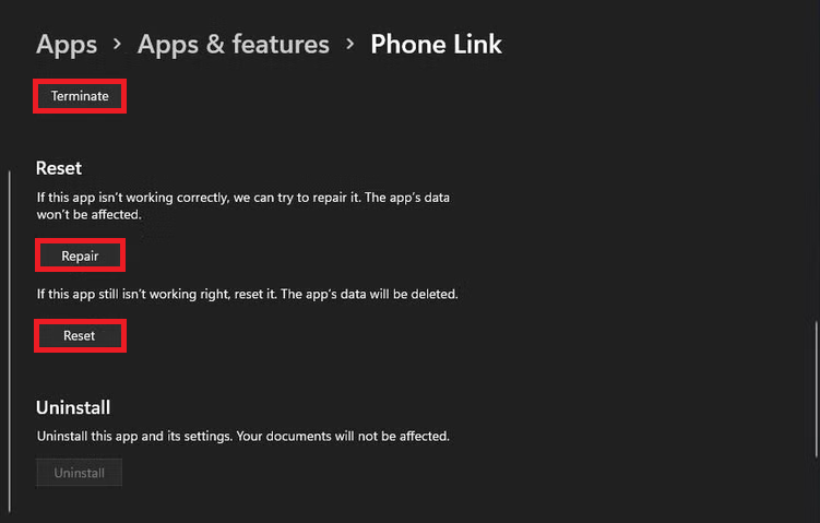 Windows Advanced options for Phone Link showing Terminate Repair and Reset controls.