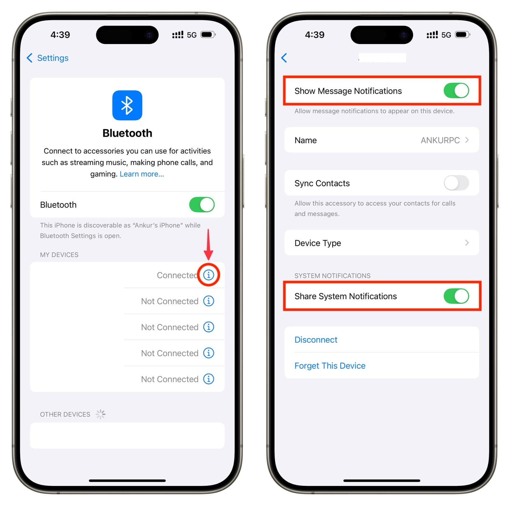 iPhone Bluetooth settings showing permissions for notifications and contacts used by Phone Link.