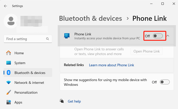 Windows Bluetooth and devices settings toggling Phone Link off and on for a soft reset.