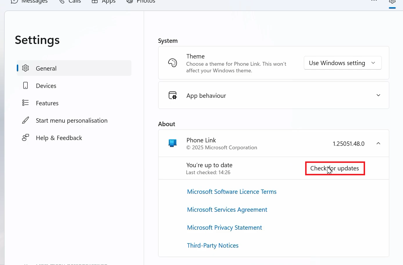 Phone Link on Windows showing the About and Updates section while the app is being checked for updates.