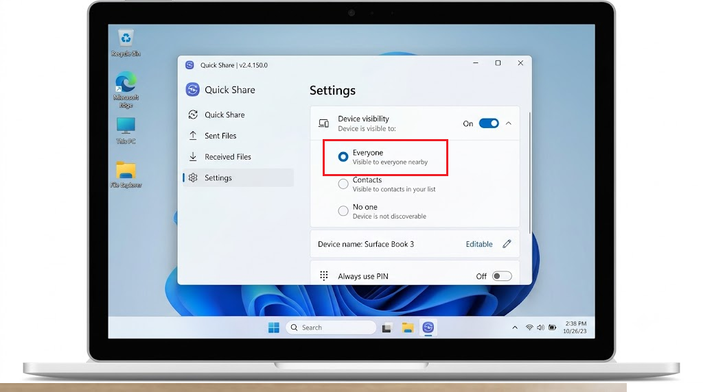 Quick Share for Windows showing device visibility options such as Everyone Contacts Your devices and No one.
