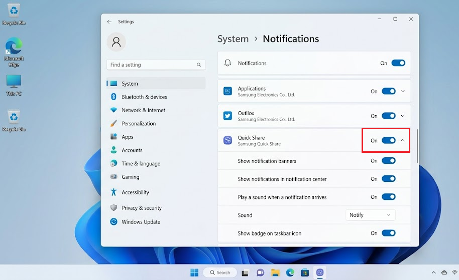 Windows notification settings showing Quick Share notifications enabled.