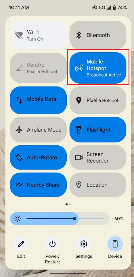 Android hotspot and Windows Wi-Fi connection being used to test Quick Share on a cleaner network path.