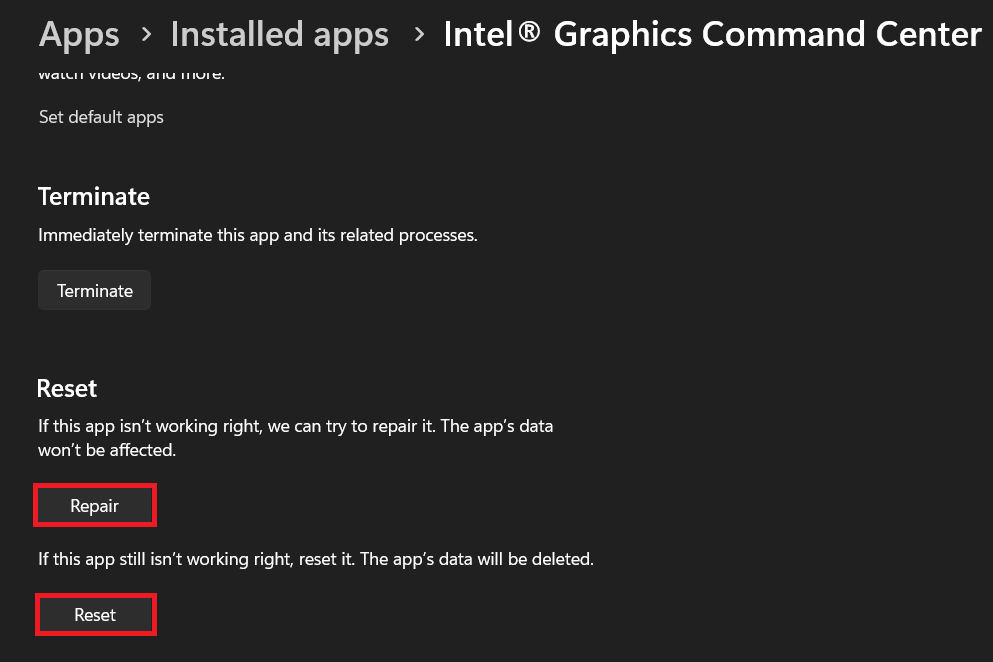 Windows Advanced options for Intel Graphics Command Center showing Repair and Reset controls.