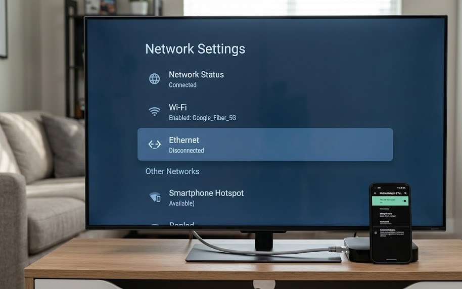 Router restart and Ethernet test while troubleshooting Disney Plus on a TV.