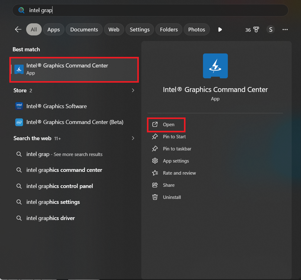 Windows restarting before Intel Graphics Command Center is opened from the Start menu.