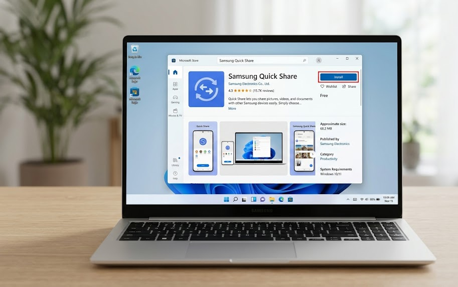Samsung PC checking for Samsung Quick Share in the Microsoft Store instead of the older Google package.