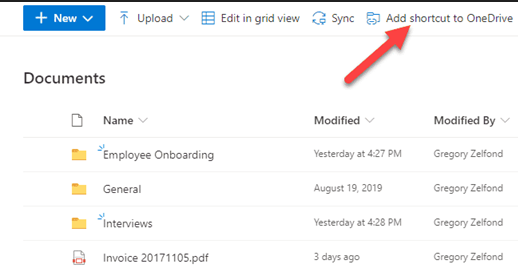 A SharePoint document library showing the Add shortcut to OneDrive option for local access in File Explorer.